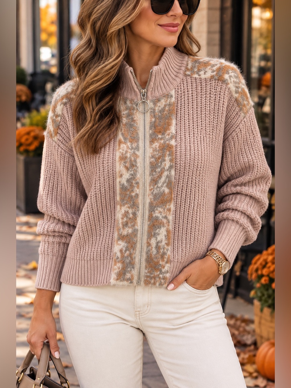 Hem & Thread Blush Pink Zip-Up Knit Cardigan with Patterned Trim